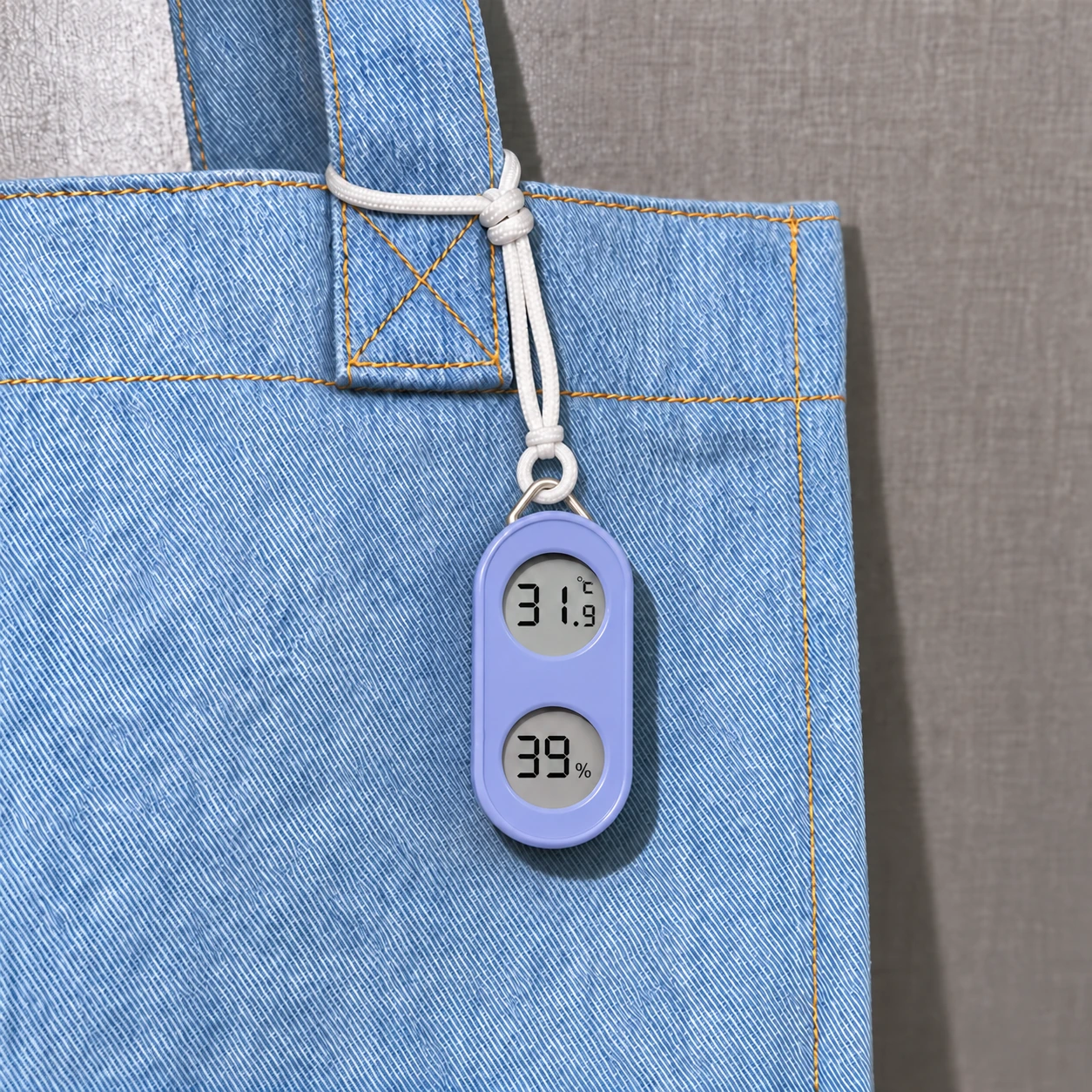 Light Purple TH05P thermometer and hygrometer hanging from a denim bag